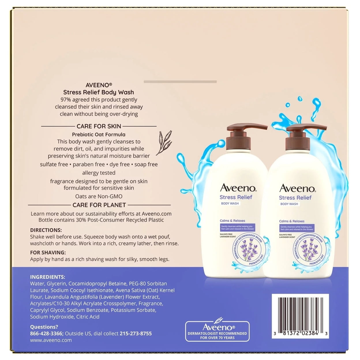 Aveeno Stress Relief Body Wash, Lavender & Chamomile, 33oz, 2-Pack