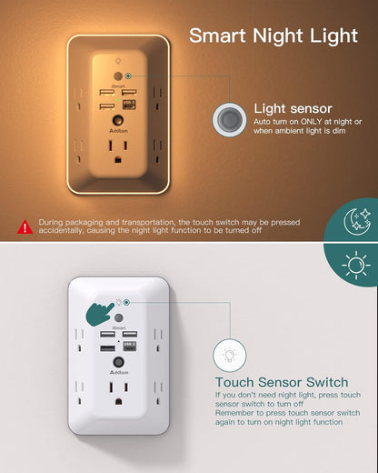 Addtam Surge Protector with Night Light, 5-Outlets & 4 USB Ports