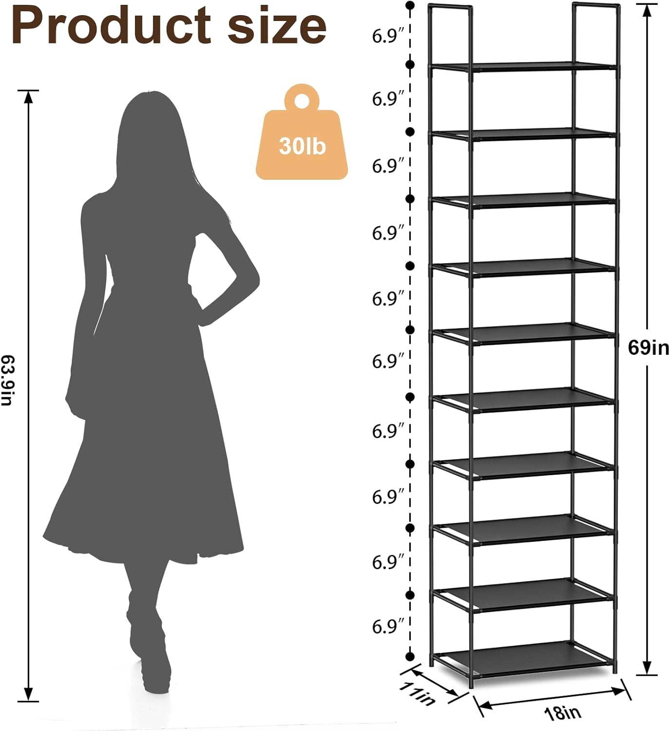 10-Tier Tall Narrow Shoe Rack, 20-25 Pairs