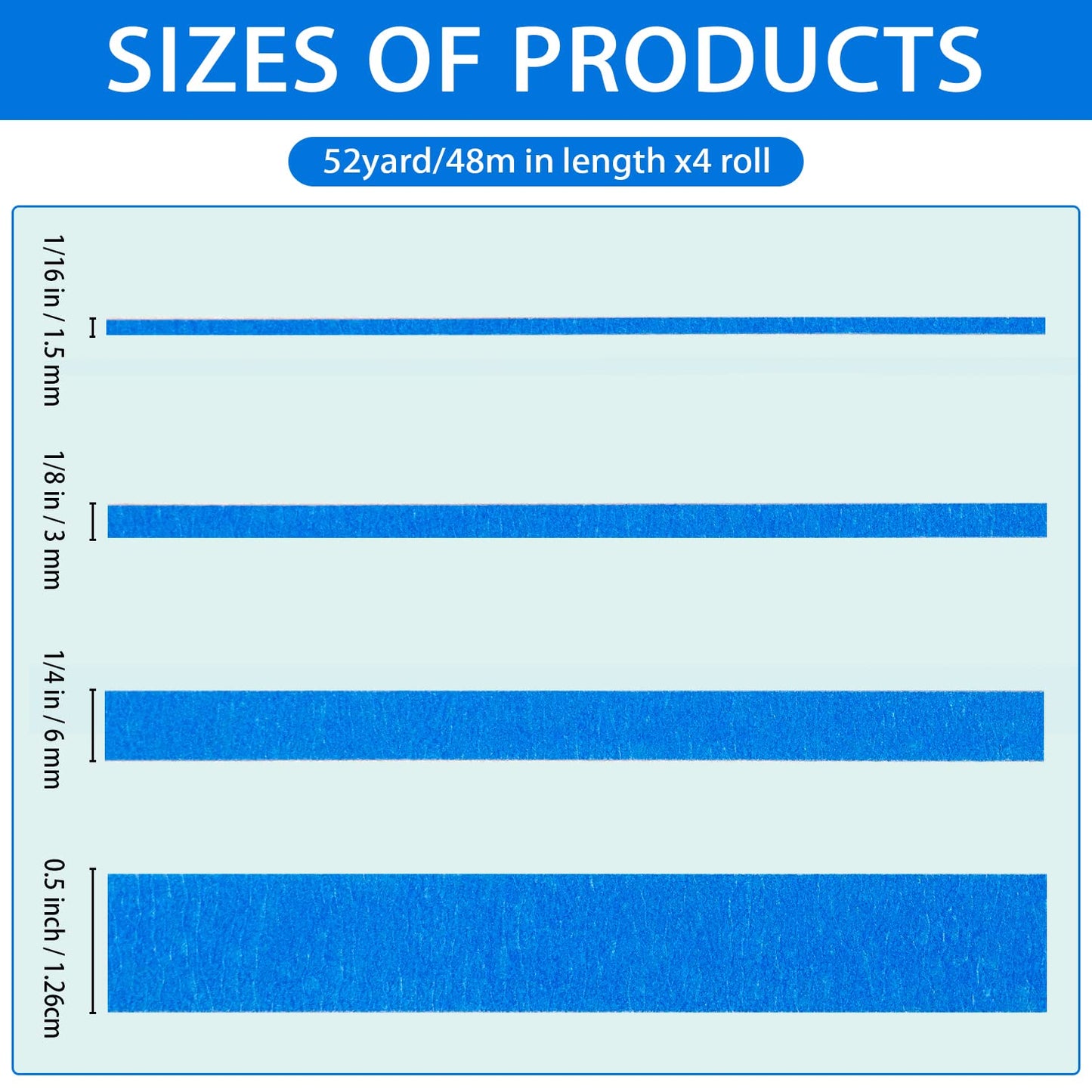 4 Rolls Fine Line Masking Tape, Blue, 1/16" to 1/2"
