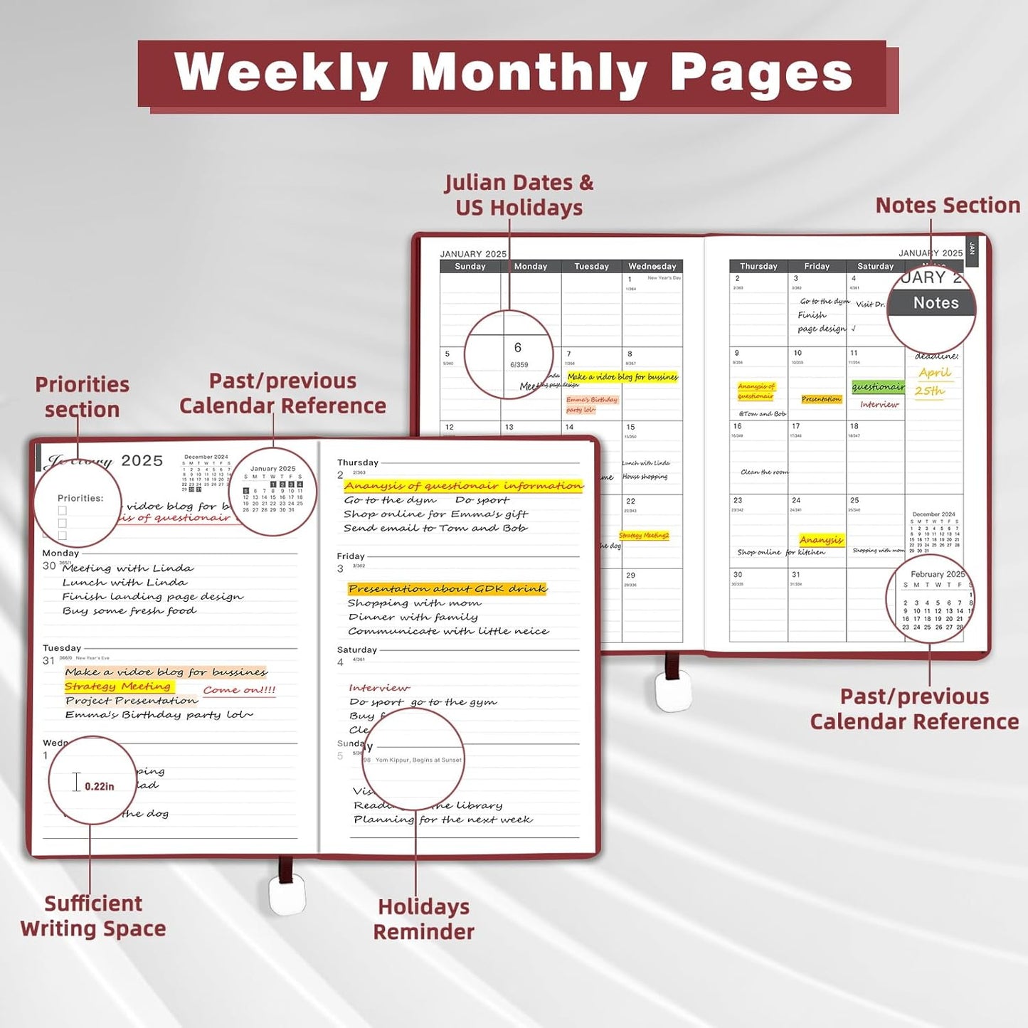 2025 Weekly Monthly Planner, 8.25"×5.85", 12 Months Jan-Dec