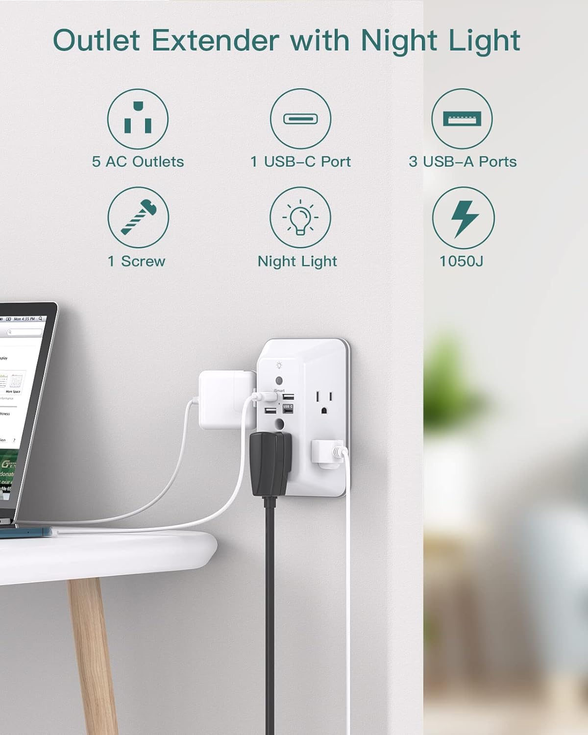 Addtam Surge Protector with Night Light, 5-Outlets & 4 USB Ports