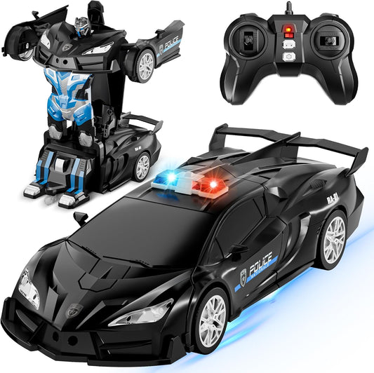 RC Transform Car, 1:18 Scale Police Robot Toy (Black)