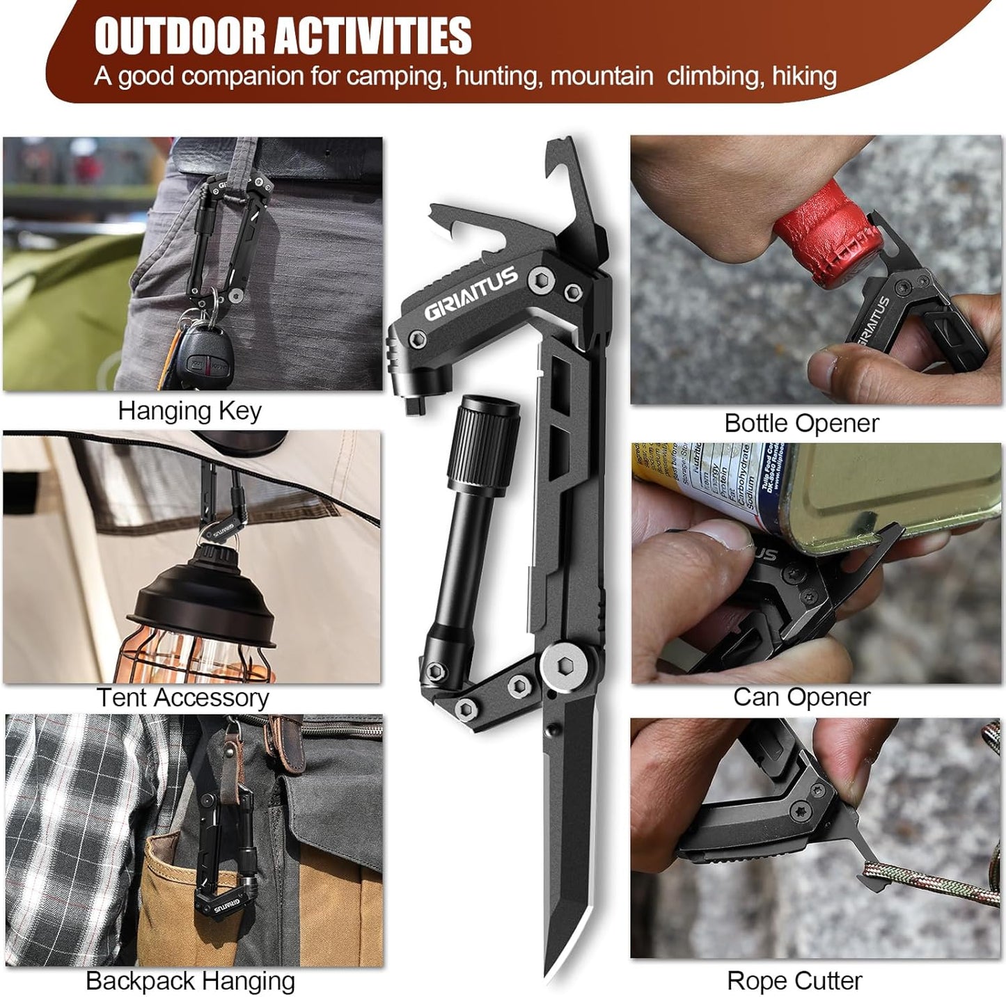 **8-in-1 Carabiner Multitool with Knife (Black)**