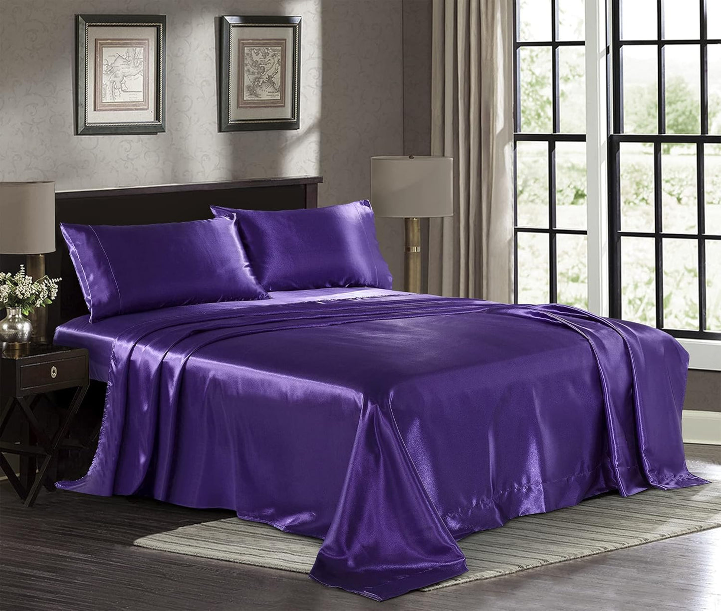 Satin Sheets California King, 4-Piece, Purple